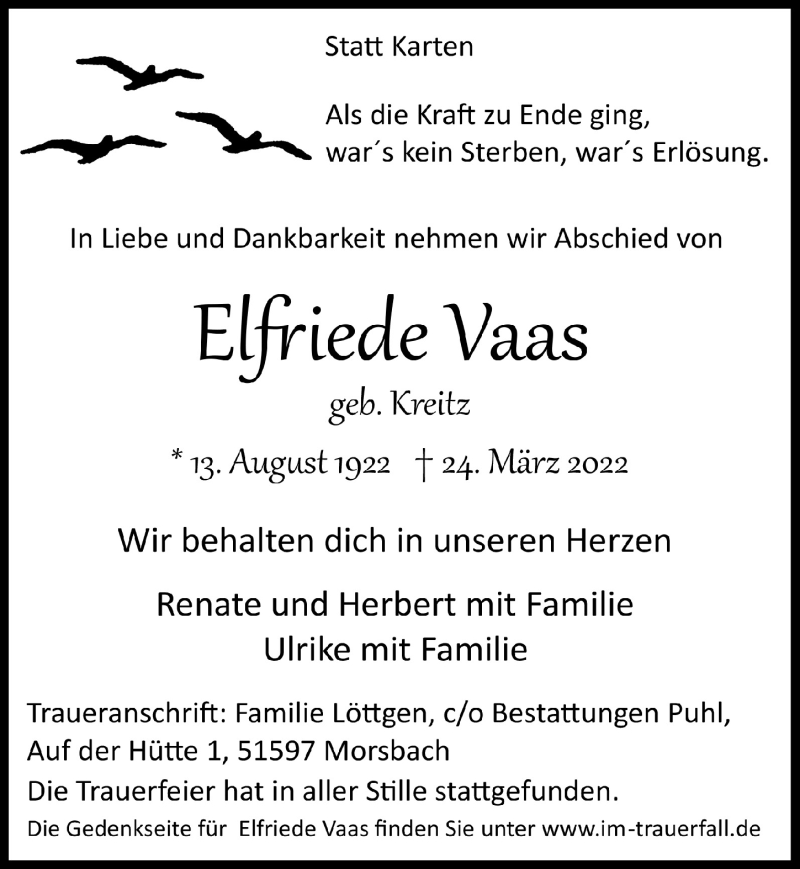  Traueranzeige für Elfriede Vaas vom 01.04.2022 aus  Lokalanzeiger 