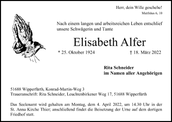 Anzeige von Elisabeth Alfer von Kölner Stadt-Anzeiger / Kölnische Rundschau / Express
