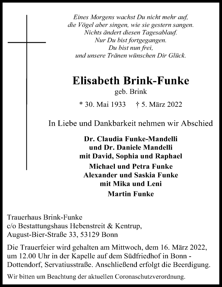  Traueranzeige für Elisabeth Brink-Funke vom 12.03.2022 aus Kölner Stadt-Anzeiger / Kölnische Rundschau / Express