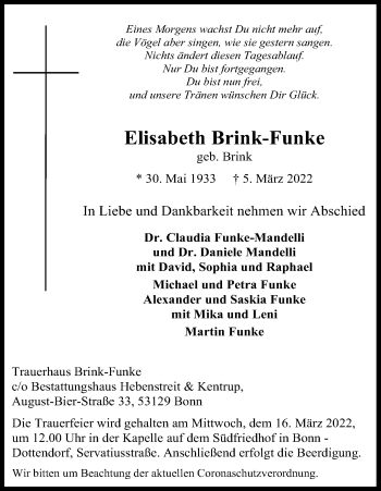 Anzeige von Elisabeth Brink-Funke von Kölner Stadt-Anzeiger / Kölnische Rundschau / Express