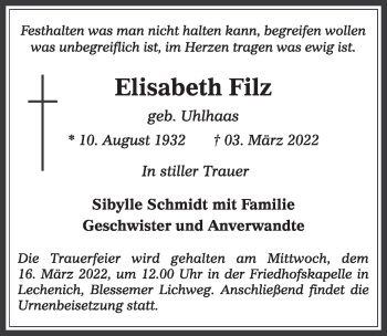 Anzeige von Elisabeth Filz von  Werbepost 