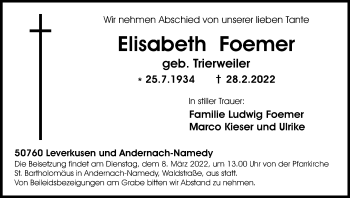 Anzeige von Elisabeth Foemer von Kölner Stadt-Anzeiger / Kölnische Rundschau / Express