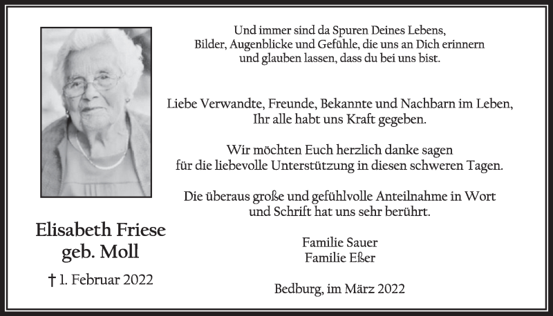  Traueranzeige für Elisabeth Friese vom 01.04.2022 aus  Werbepost 