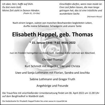 Anzeige von Elisabeth Happel von  Lokalanzeiger 
