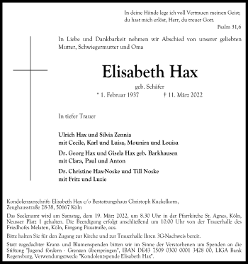 Anzeige von Elisabeth Hax von Kölner Stadt-Anzeiger / Kölnische Rundschau / Express