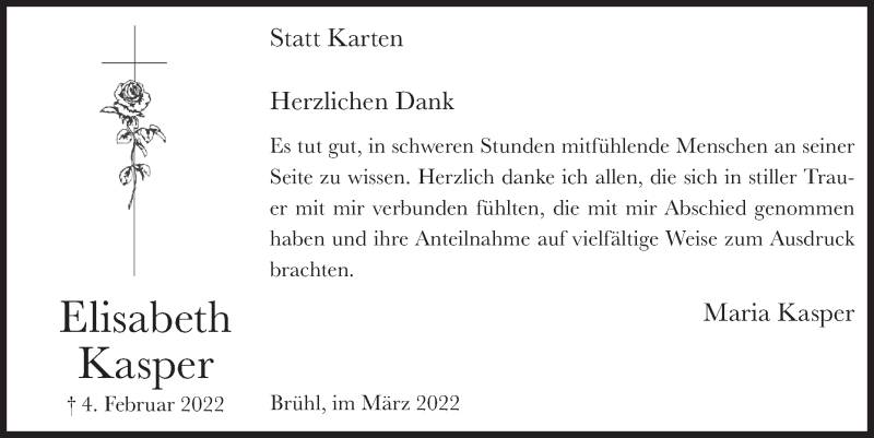  Traueranzeige für Elisabeth Kasper vom 04.03.2022 aus  Schlossbote/Werbekurier 