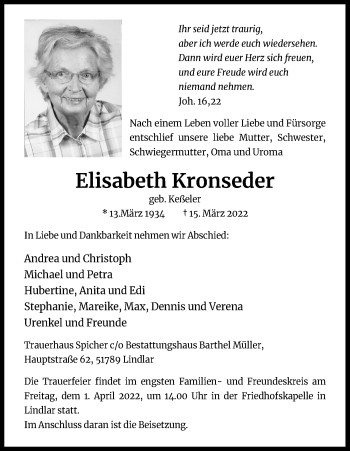 Anzeige von Elisabeth Kronseder von Kölner Stadt-Anzeiger / Kölnische Rundschau / Express