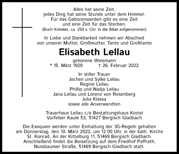 Anzeige von Elisabeth Lellau von Kölner Stadt-Anzeiger / Kölnische Rundschau / Express
