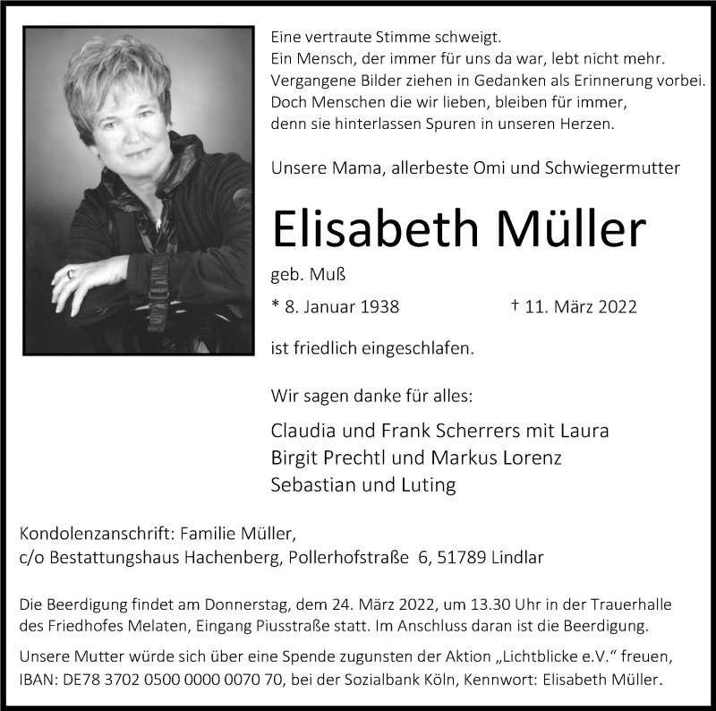  Traueranzeige für Elisabeth Müller vom 19.03.2022 aus Kölner Stadt-Anzeiger / Kölnische Rundschau / Express