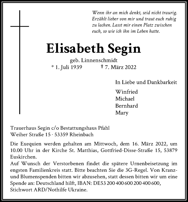  Traueranzeige für Elisabeth Segin vom 12.03.2022 aus Kölner Stadt-Anzeiger / Kölnische Rundschau / Express