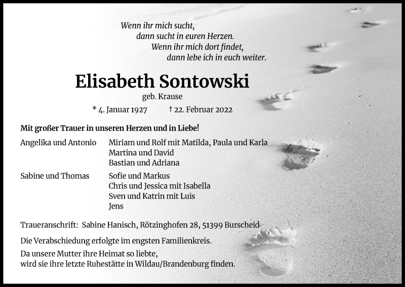  Traueranzeige für Elisabeth Sontowski vom 16.03.2022 aus Kölner Stadt-Anzeiger / Kölnische Rundschau / Express