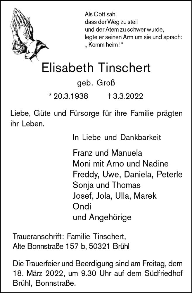  Traueranzeige für Elisabeth Tinschert vom 11.03.2022 aus  Schlossbote/Werbekurier 