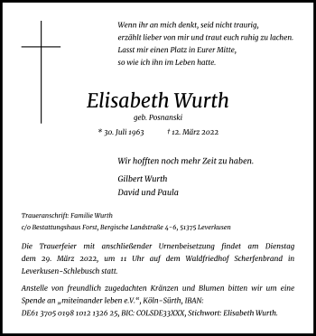 Anzeige von Elisabeth Wurth von Kölner Stadt-Anzeiger / Kölnische Rundschau / Express