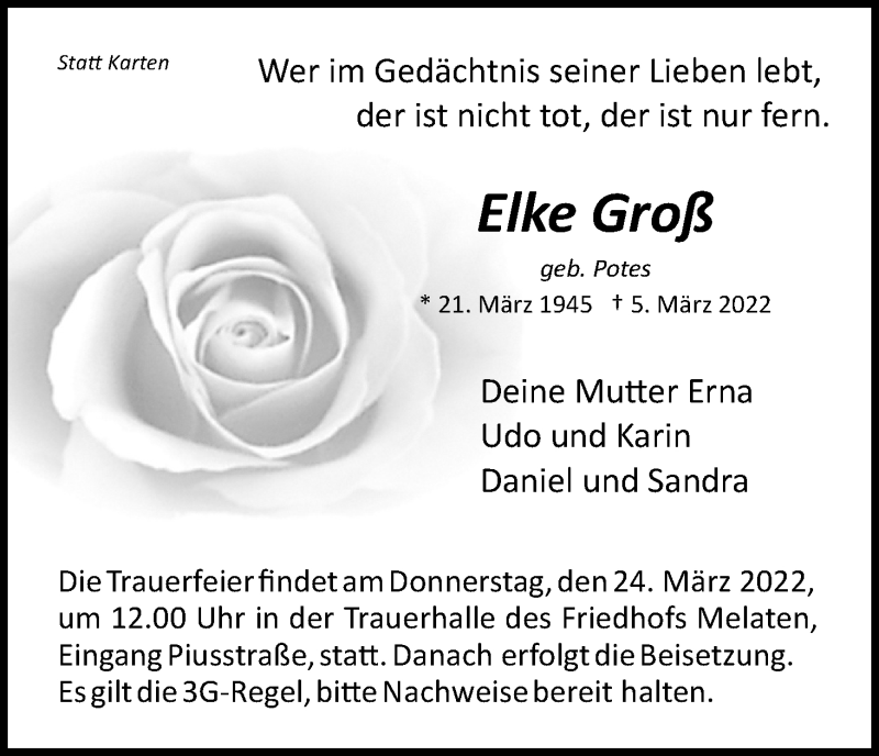  Traueranzeige für Elke Groß vom 19.03.2022 aus Kölner Stadt-Anzeiger / Kölnische Rundschau / Express