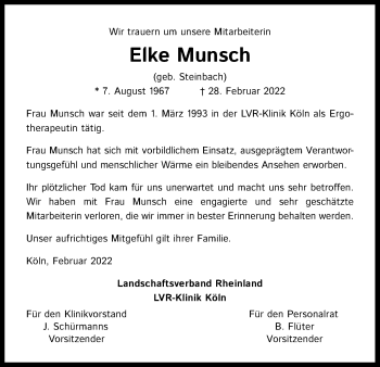 Anzeige von Elke Munsch von Kölner Stadt-Anzeiger / Kölnische Rundschau / Express