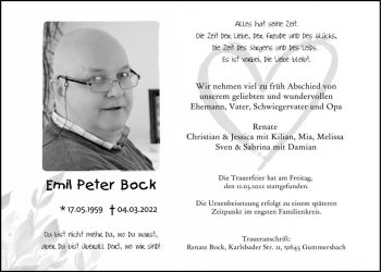 Anzeige von Emil Peter Bock von  Anzeigen Echo 