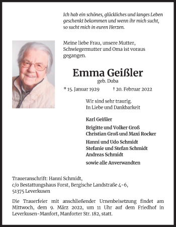 Anzeige von Emma Geißler von Kölner Stadt-Anzeiger / Kölnische Rundschau / Express