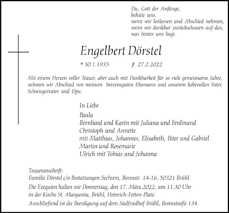  Traueranzeige für Engelbert Dörstel vom 11.03.2022 aus  Schlossbote/Werbekurier 