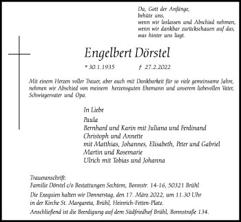 Anzeige von Engelbert Dörstel von Kölner Stadt-Anzeiger / Kölnische Rundschau / Express