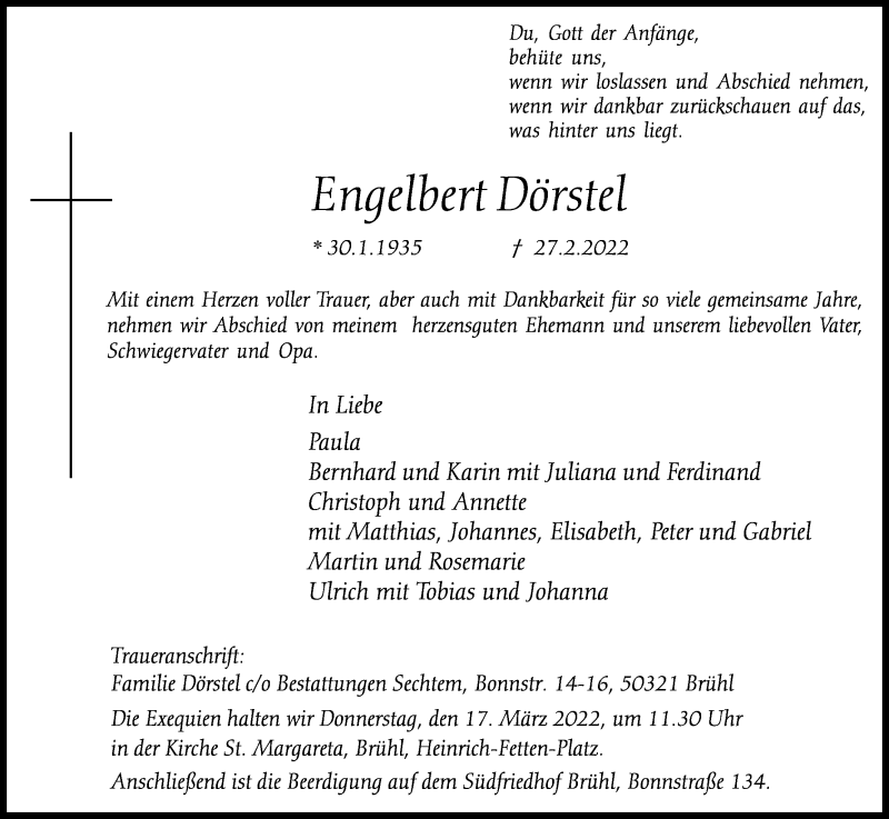  Traueranzeige für Engelbert Dörstel vom 11.03.2022 aus Kölner Stadt-Anzeiger / Kölnische Rundschau / Express