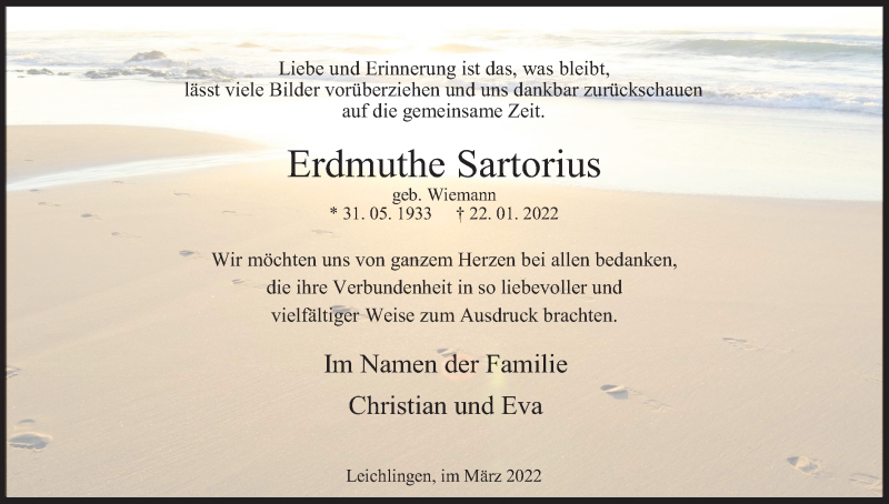  Traueranzeige für Erdmuthe Sartorius vom 12.03.2022 aus Kölner Stadt-Anzeiger / Kölnische Rundschau / Express