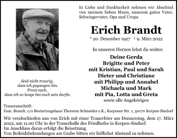 Anzeige von Erich Brandt von Kölner Stadt-Anzeiger / Kölnische Rundschau / Express