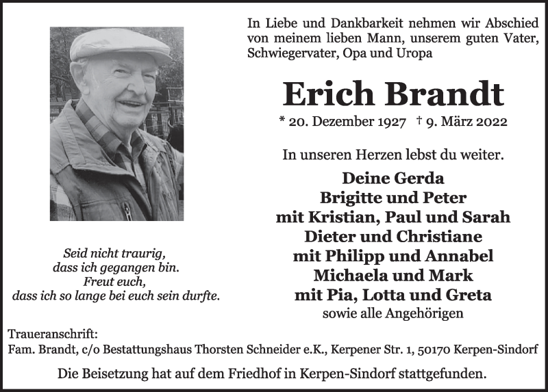  Traueranzeige für Erich Brandt vom 18.03.2022 aus  Werbepost 
