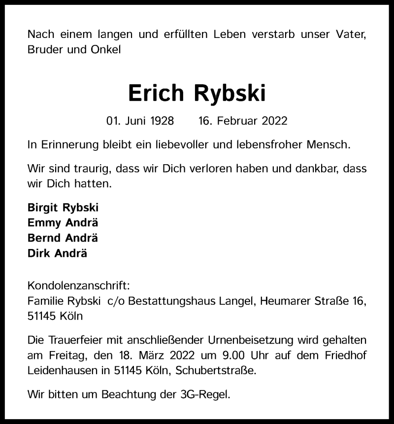  Traueranzeige für Erich Rybski vom 12.03.2022 aus Kölner Stadt-Anzeiger / Kölnische Rundschau / Express