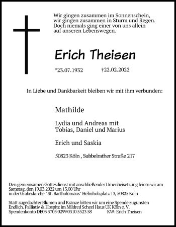 Anzeige von Erich Theisen von Kölner Stadt-Anzeiger / Kölnische Rundschau / Express
