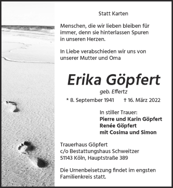 Anzeige von Erika Göpfert von  EXPRESS - Die Woche 