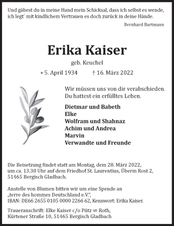 Anzeige von Erika Kaiser von  Bergisches Handelsblatt 