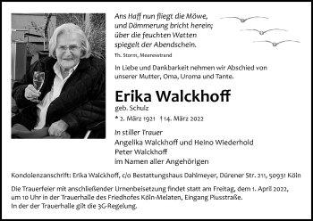 Anzeige von Erika Walckhoff von Kölner Stadt-Anzeiger / Kölnische Rundschau / Express
