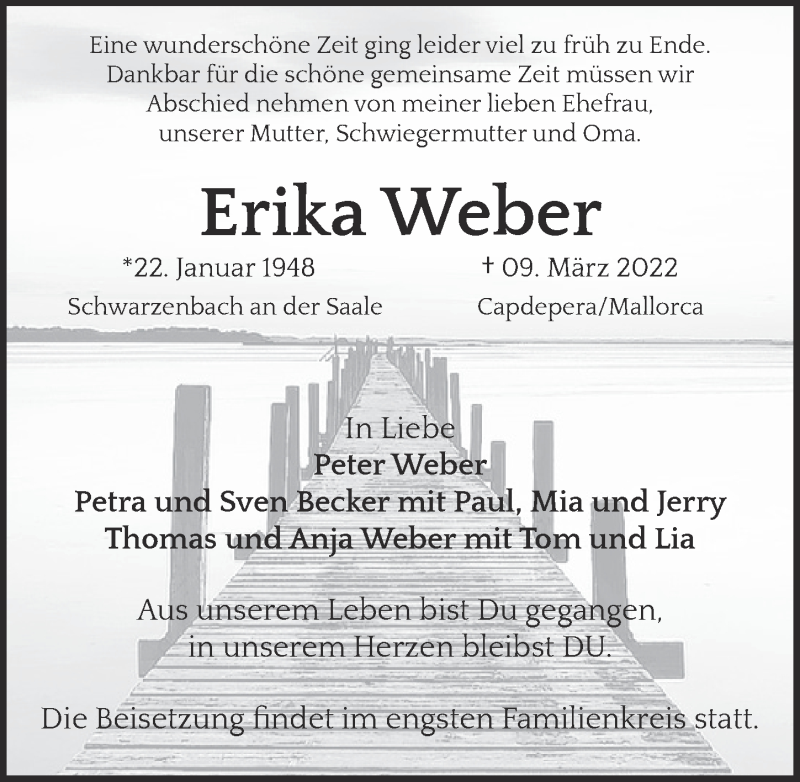  Traueranzeige für Erika Weber vom 25.03.2022 aus  EXPRESS - Die Woche 
