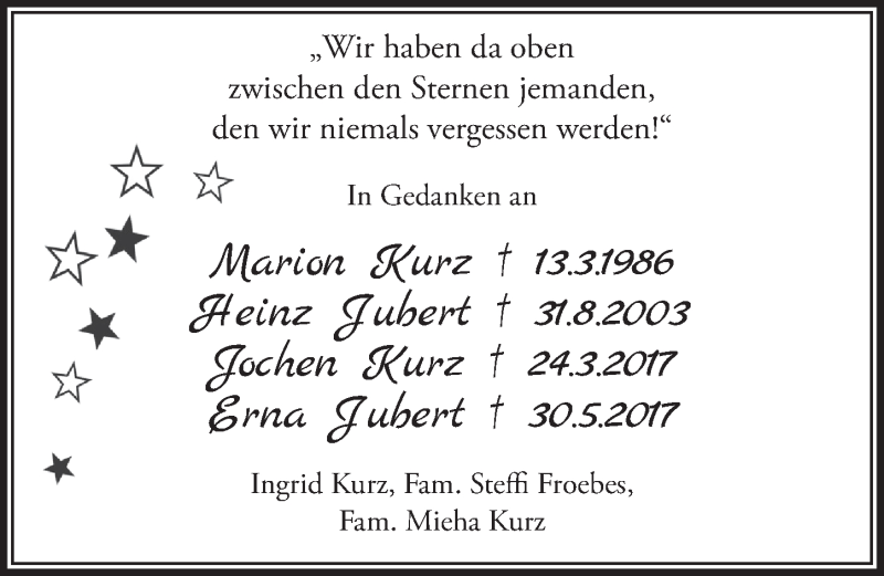  Traueranzeige für Erna Jubert vom 18.03.2022 aus  Schlossbote/Werbekurier 