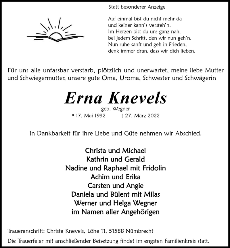  Traueranzeige für Erna Knevels vom 01.04.2022 aus  Anzeigen Echo 