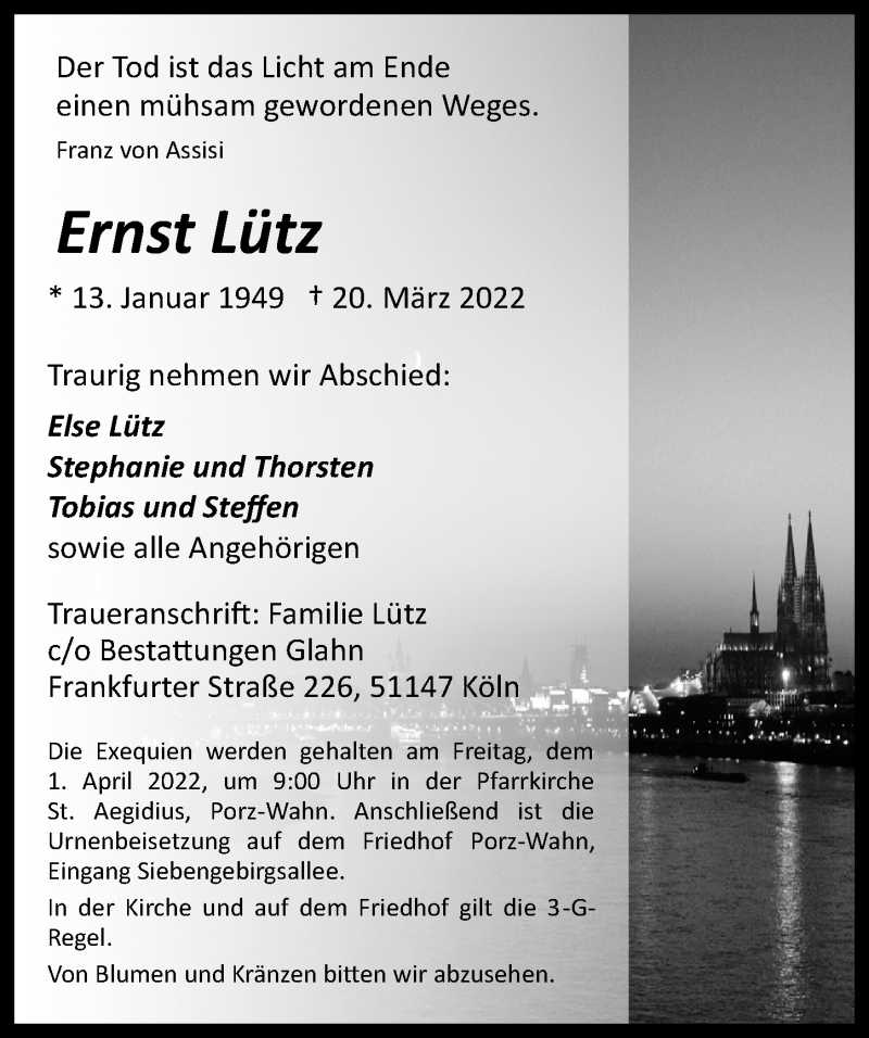  Traueranzeige für Ernst Lütz vom 25.03.2022 aus  EXPRESS - Die Woche 