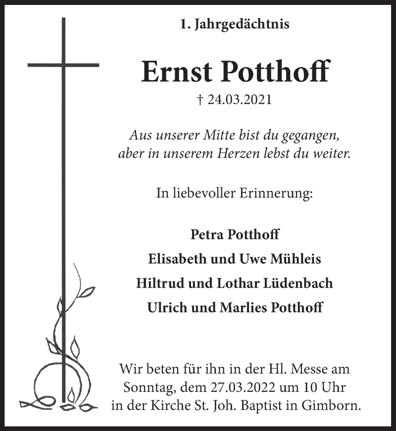  Traueranzeige für Ernst Potthoff vom 18.03.2022 aus  Anzeigen Echo 