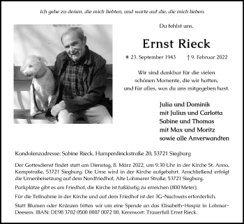Anzeige von Ernst Rieck von Kölner Stadt-Anzeiger / Kölnische Rundschau / Express