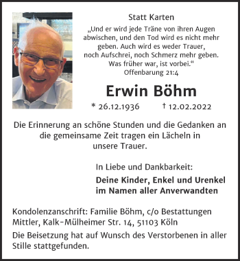 Anzeige von Erwin Böhm von  EXPRESS - Die Woche 