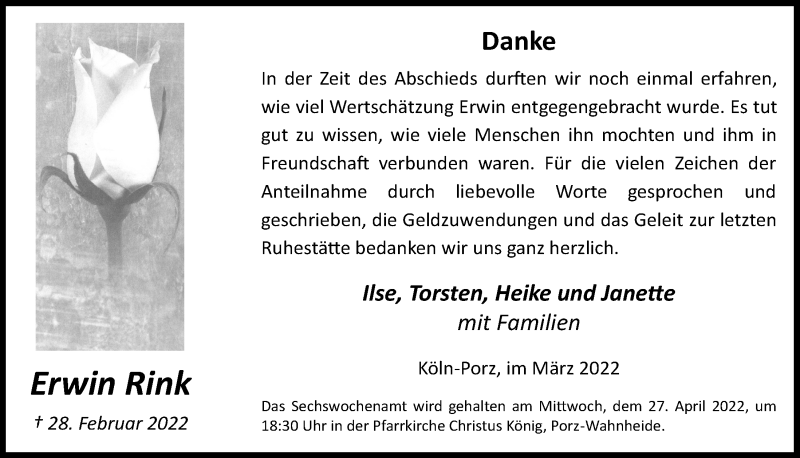  Traueranzeige für Erwin Rink vom 25.03.2022 aus  EXPRESS - Die Woche 