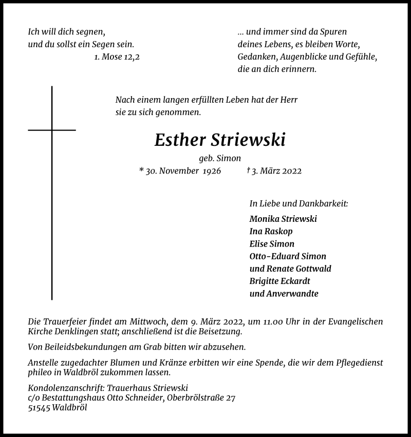  Traueranzeige für Esther Striewski vom 08.03.2022 aus Kölner Stadt-Anzeiger / Kölnische Rundschau / Express