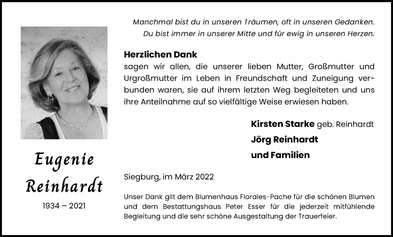  Traueranzeige für Eugenie Reinhardt vom 12.03.2022 aus Kölner Stadt-Anzeiger / Kölnische Rundschau / Express
