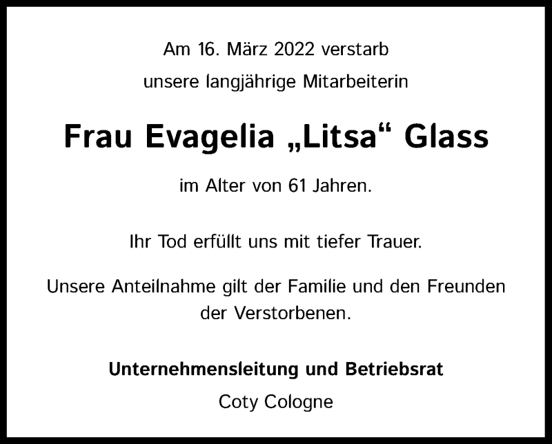 Traueranzeige für Evagelia Glass vom 26.03.2022 aus Kölner Stadt-Anzeiger / Kölnische Rundschau / Express