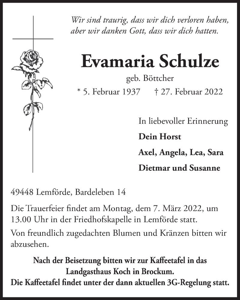  Traueranzeige für Evamaria Schulze vom 04.03.2022 aus  Anzeigen Echo 