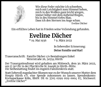 Anzeige von Eveline Dächer von Kölner Stadt-Anzeiger / Kölnische Rundschau / Express