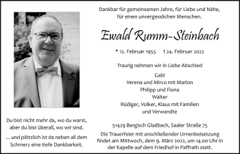Anzeige von Ewald Rumm-Steinbach von  Bergisches Handelsblatt 