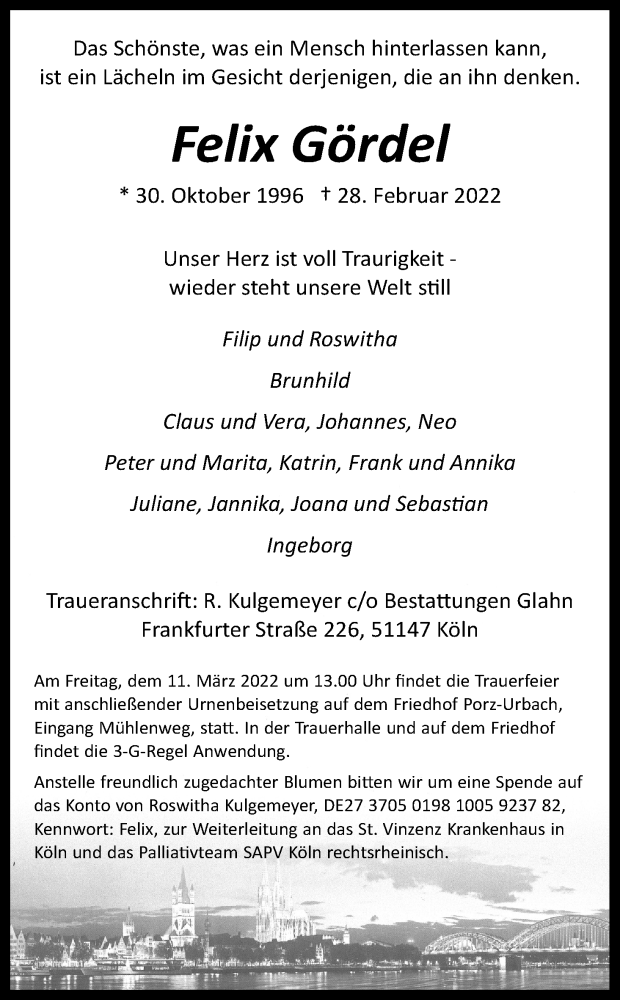  Traueranzeige für Felix Gördel vom 09.03.2022 aus Kölner Stadt-Anzeiger / Kölnische Rundschau / Express