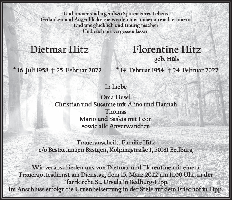  Traueranzeige für Florentine Hitz vom 11.03.2022 aus  Werbepost 