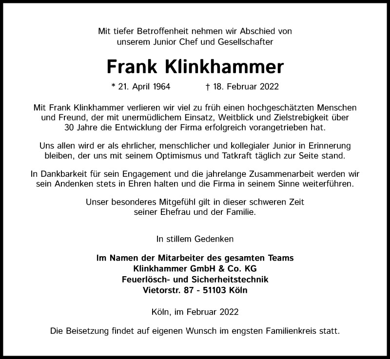  Traueranzeige für Frank Klinkhammer vom 05.03.2022 aus Kölner Stadt-Anzeiger / Kölnische Rundschau / Express