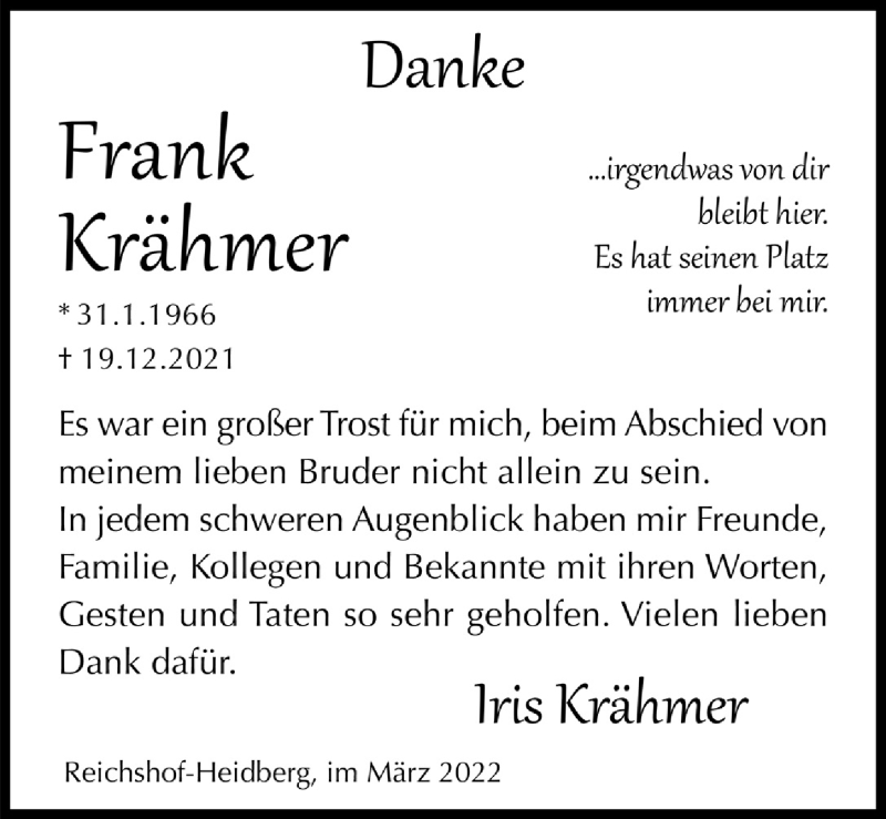  Traueranzeige für Frank Krähmer vom 11.03.2022 aus  Anzeigen Echo  Lokalanzeiger 